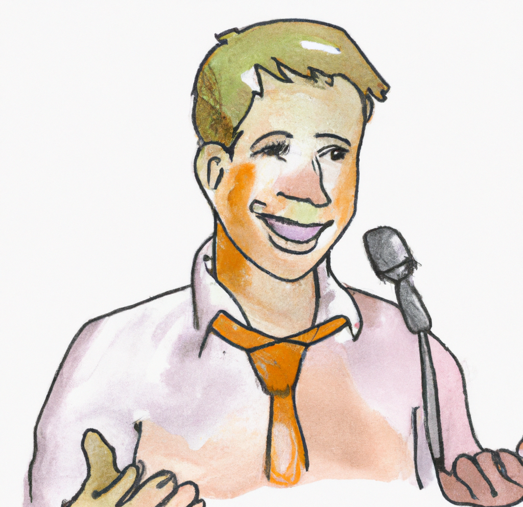 DALL·E 2023 09 06 10.20.42 junger sympathischer Mann 35 Jahre Mikrofon Hemd blonde gibt Interview Lokalpolitiker gute Gestik lachen lebhaft watercolour style 3